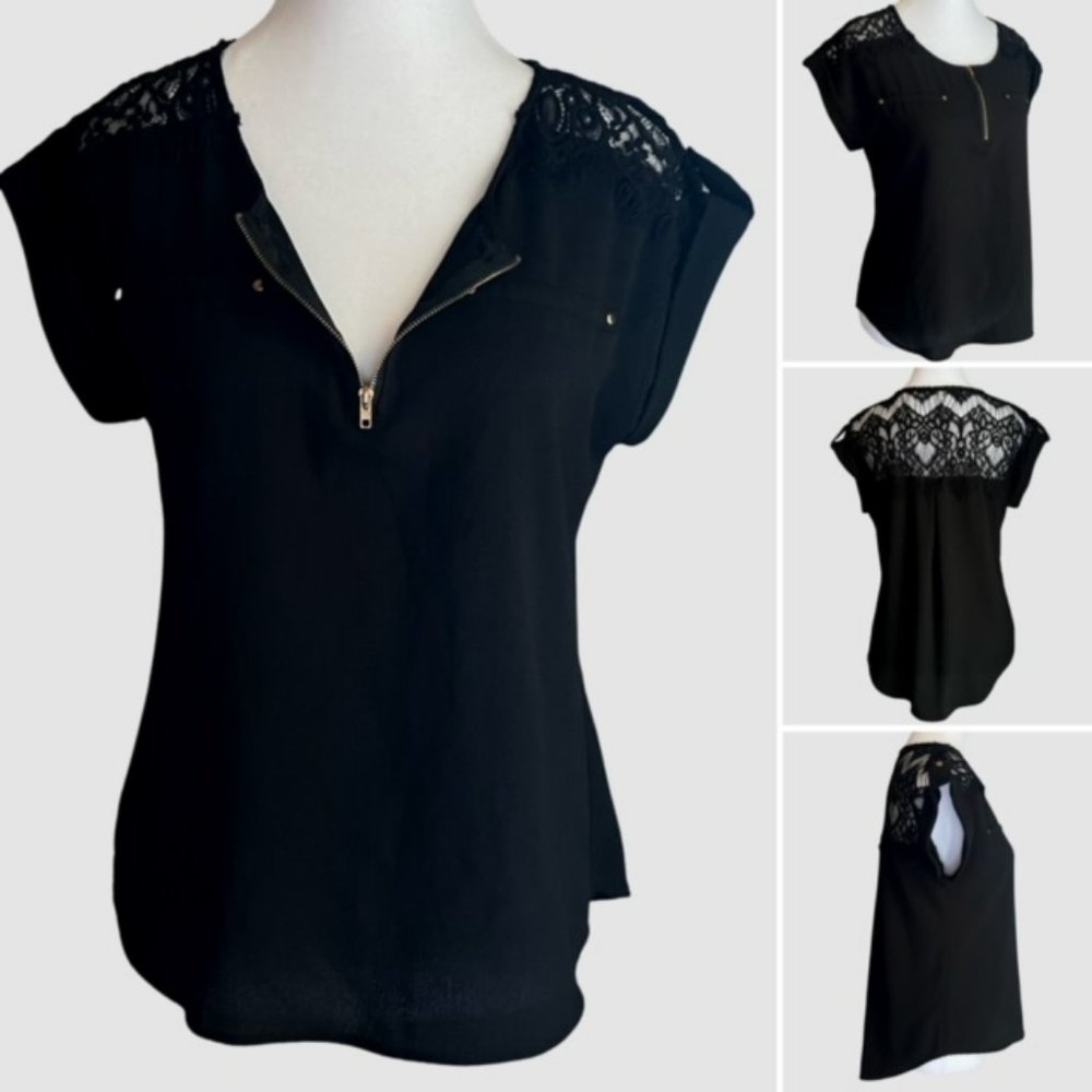 Reese Lace Detailed & Cuffed Capped Sleeve Blouse Black - Size Small
